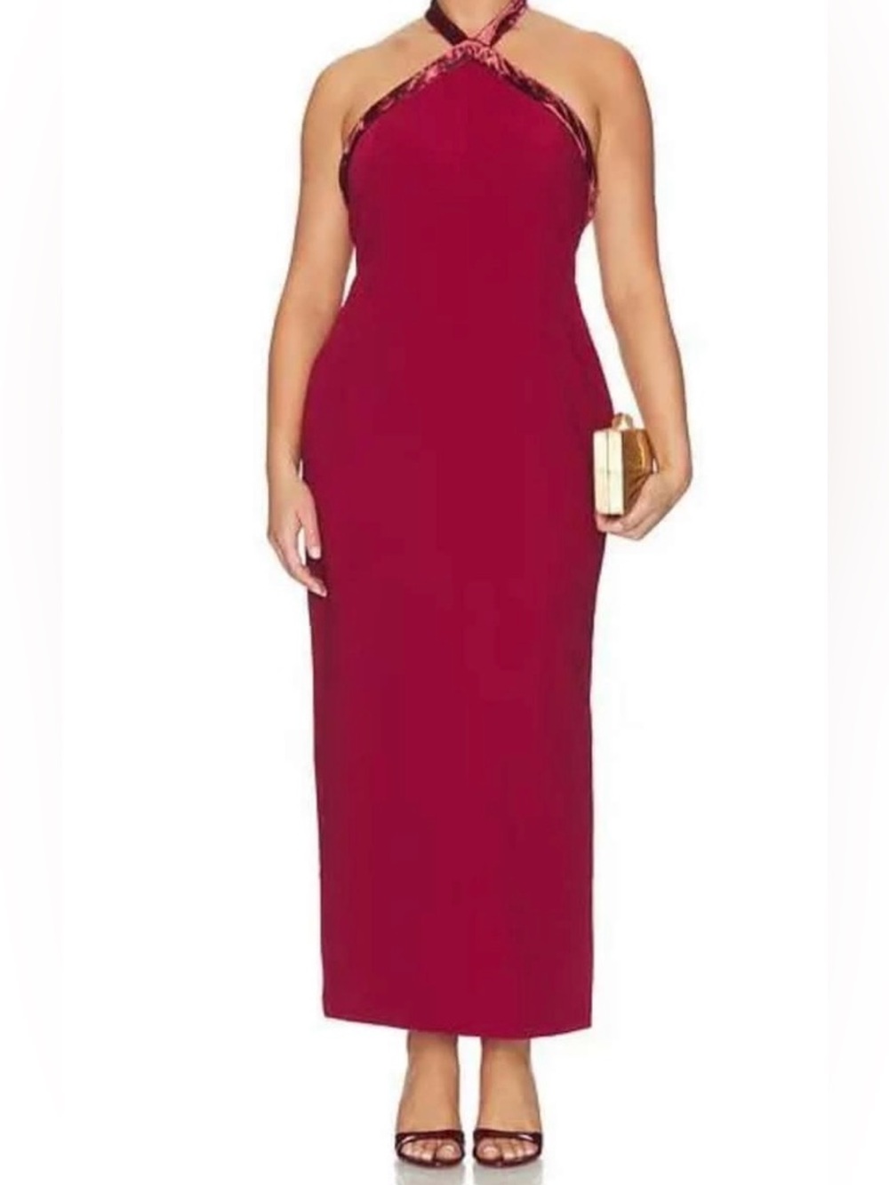L'Academie Burgundy Halter Maxi Dress with Cross-Strap Detail
